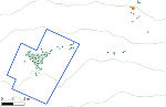 Streumuster der Münzen des Schatzfundes vom Kampwald (grün: Silbermünzen, orange: Bronzemünze, blauer Rahmen: Grabungsfläche).