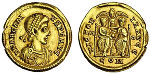 Vergleichsbeispiel eines Solidus des Arcadius von Typ VICTORIA AVGG aus Mediolanum. Spink, Auction vom 22. 9. 2014 (Los 690).