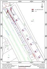 Abb. 3: Planaufnahme der archäologischen Befunde der Römerstraße und ihrer Richtungsänderung im stumpfen Winkel nach Norden (oben)