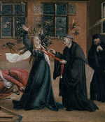 Abb. 5: Austreibung zahlreicher Dämonen aus einer Frau auf dem „Kleinen Mariazeller Wunderaltar“, Tempera auf Holz des namentlich nicht bekannten Meisters der Wunder von Mariazell, 1512 (heute: Alte Galerie/UMJ) © Alte Galerie/UMJ Abb. 5: Austreibung zahlreicher Dämonen aus einer Frau auf dem „Kleinen Mariazeller Wunderaltar“, Tempera auf Holz des namentlich nicht bekannten Meisters der Wunder von Mariazell, 1512 (heute: Alte Galerie/UMJ)