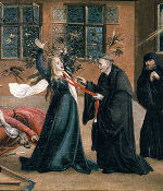 Abb. 5: Austreibung zahlreicher Dämonen aus einer Frau auf dem „Kleinen Mariazeller Wunderaltar“, Tempera auf Holz des namentlich nicht bekannten Meisters der Wunder von Mariazell, 1512 (heute: Alte Galerie/UMJ)